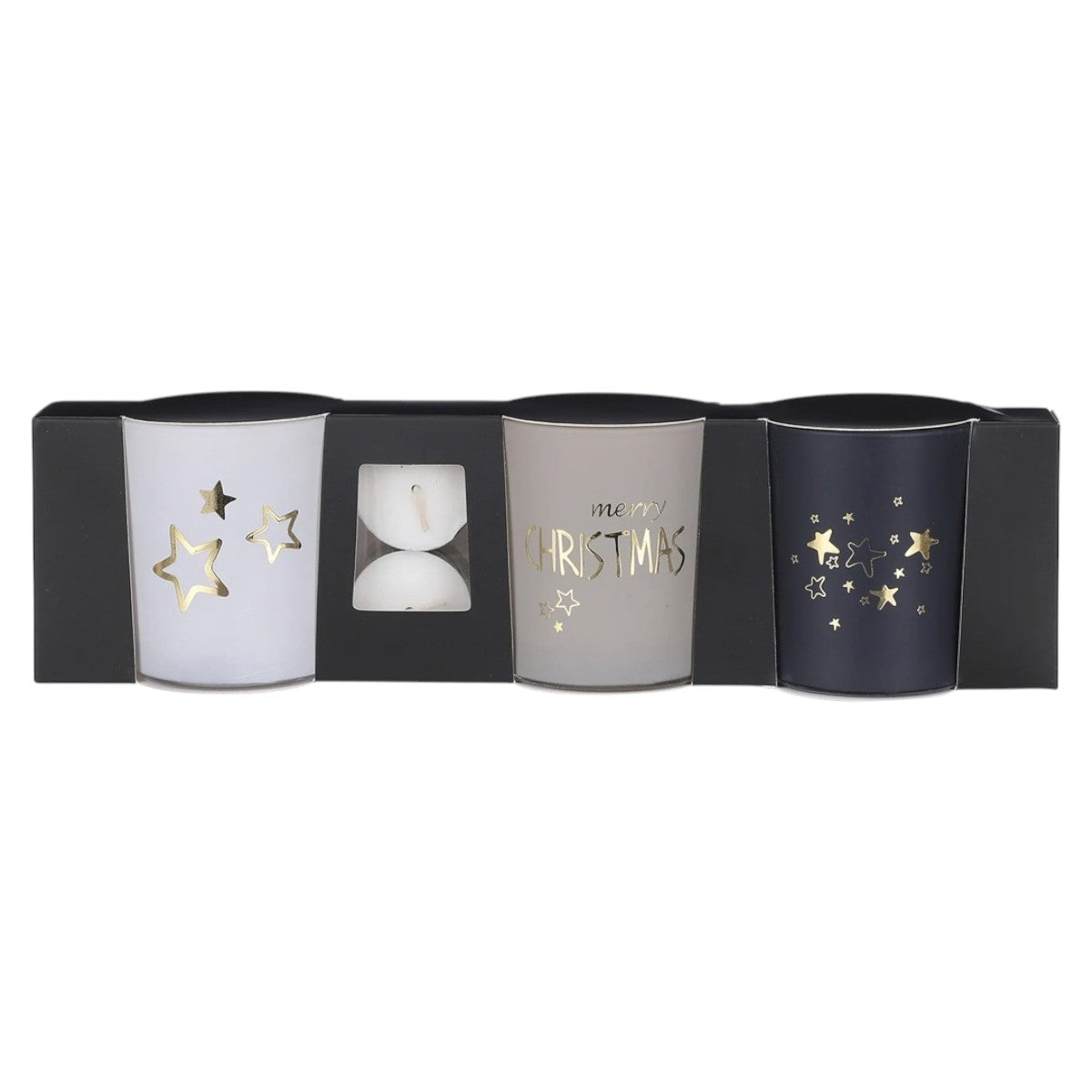 🎄 Geschenkset – Set van 3 kerst theelichthouders wit/grijs/zwart