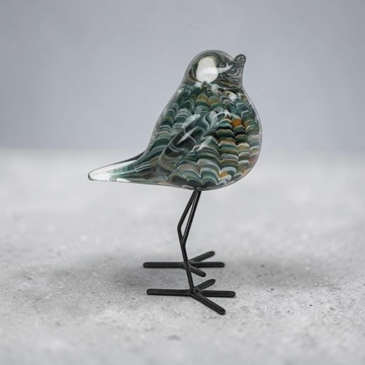 Glazen Vogel op Metalen Pootjes – Grijs