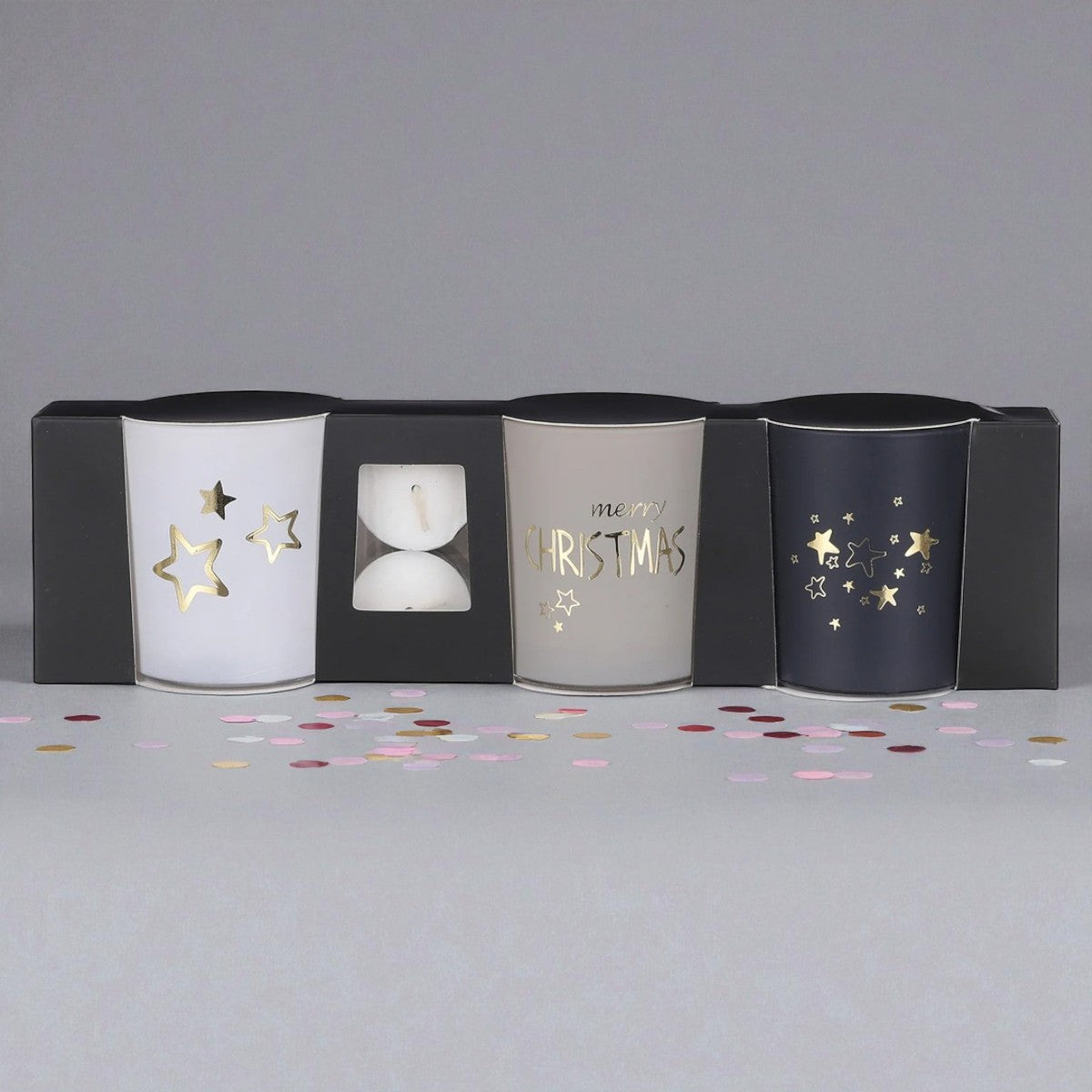 🎄 Geschenkset – Set van 3 kerst theelichthouders wit/grijs/zwart