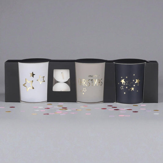 🎄 Geschenkset – Set van 3 kerst theelichthouders wit/grijs/zwart