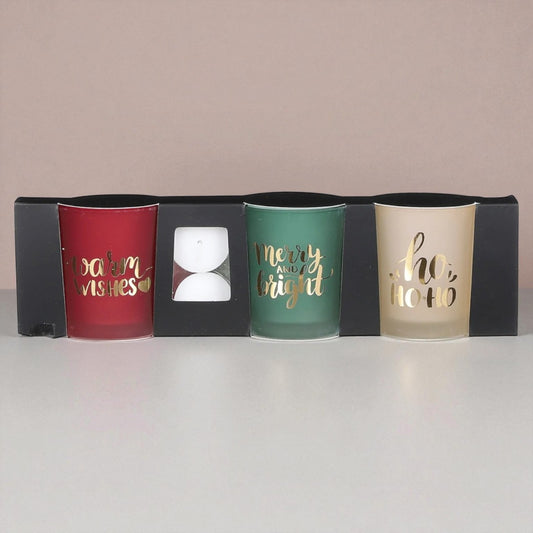 🎄 Geschenkset – Set van 3 kerst theelichthouders rood/groen/off-white