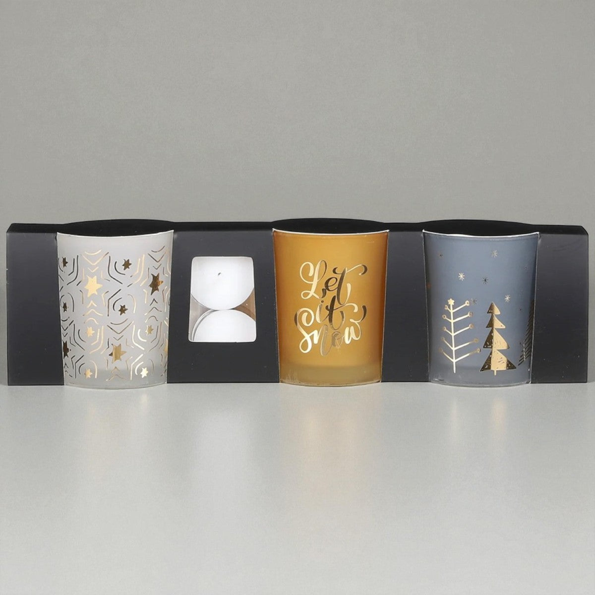 ✨ Geschenkset – Set van 3 kerst theelichthouders wit/goud/blauw