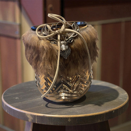 🦌 Kerst windlicht bruin met rendier en nepbont – Ø12 x 14 cm