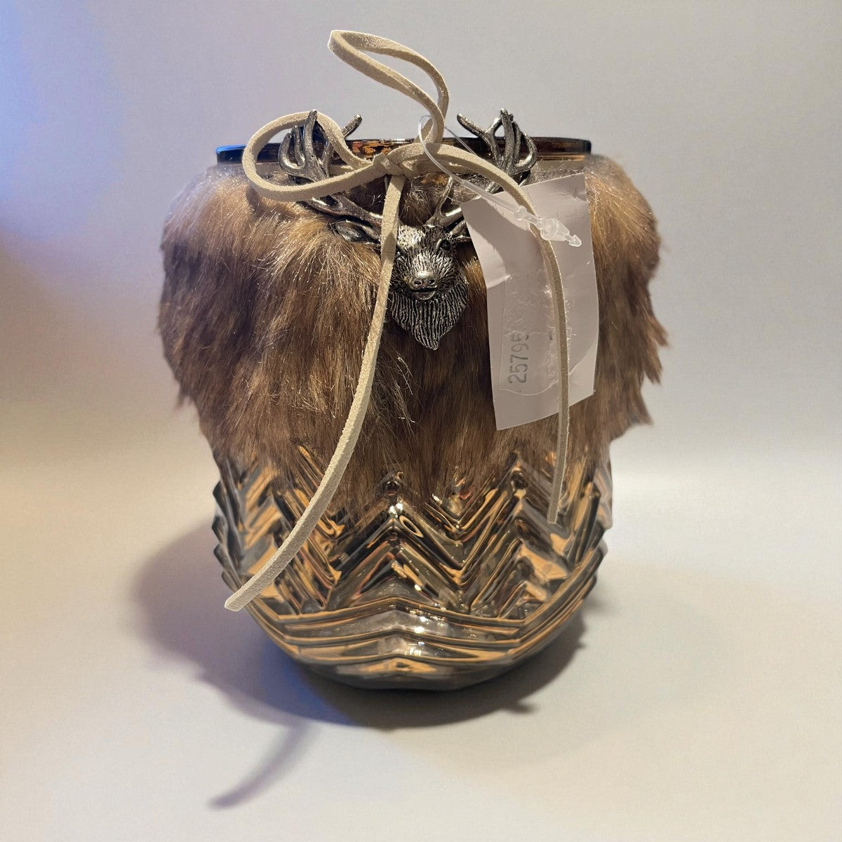 🦌 Kerst windlicht bruin met rendier en nepbont – Ø12 x 14 cm