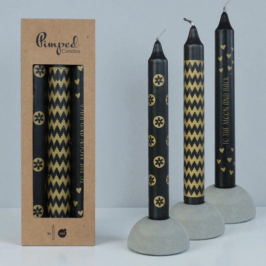 🕯️ Pimped Candles zwart met goud – “To the moon and back”