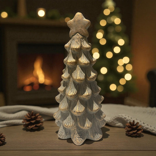 🎄 Kerstboom van steen goud/grijs – 21 cm hoog