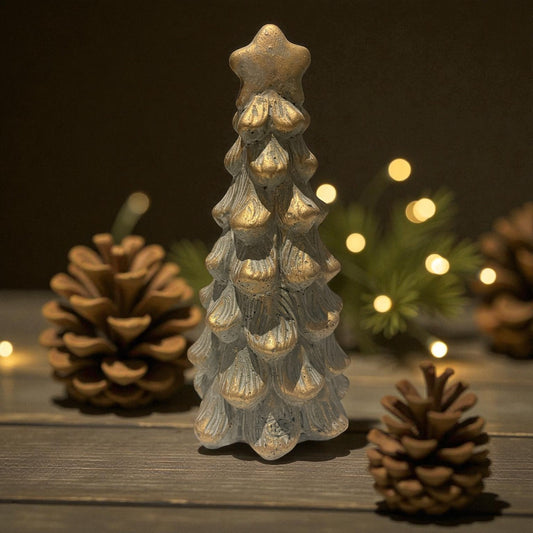 🎄 Kerstboom van steen goud/grijs – 17 cm hoog