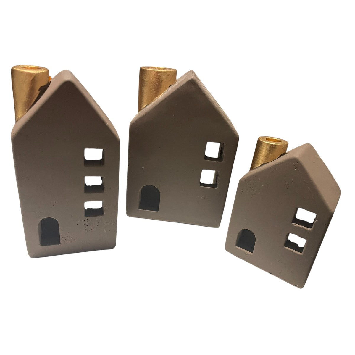 🏠 Set van 3 waxinelicht huisjes met gouden schoorsteen – 11, 15 & 16 cm