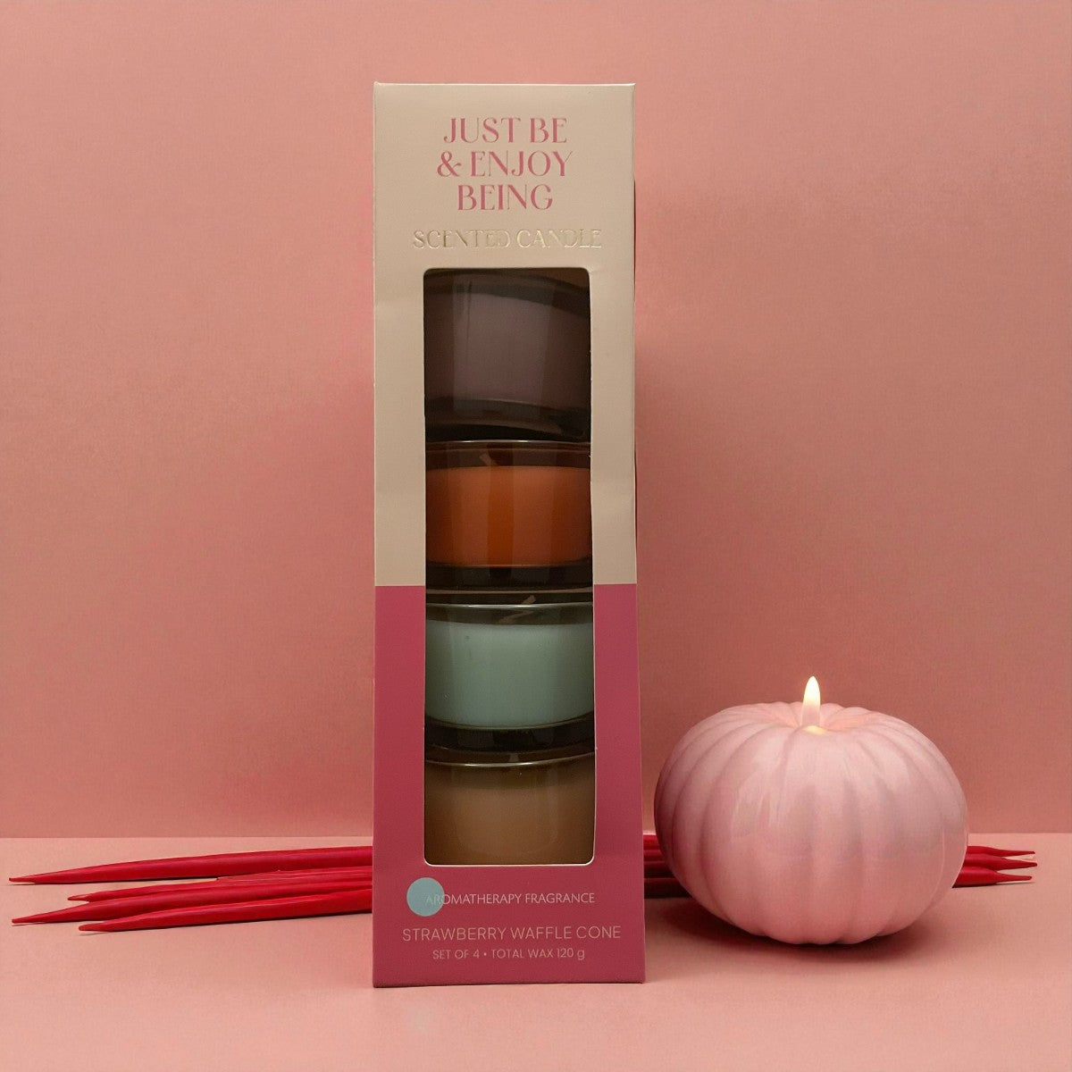 🕯️ Geschenkset – Set van 4 geurkaarsen in glas “Just Be & Enjoy Being”